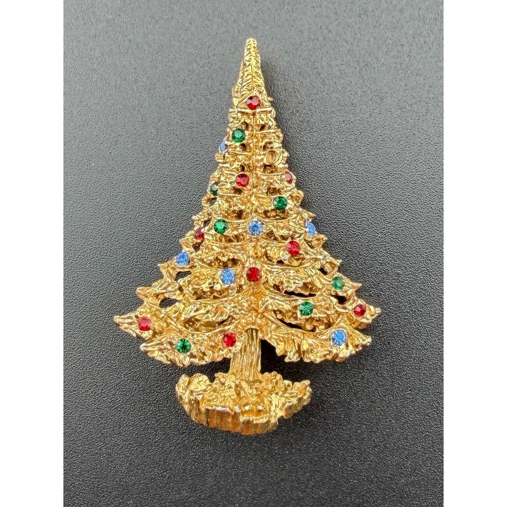 Eisenberg Christmas Tree Brooch Gold Tone Multicolor Rhinestone Vintage Holiday